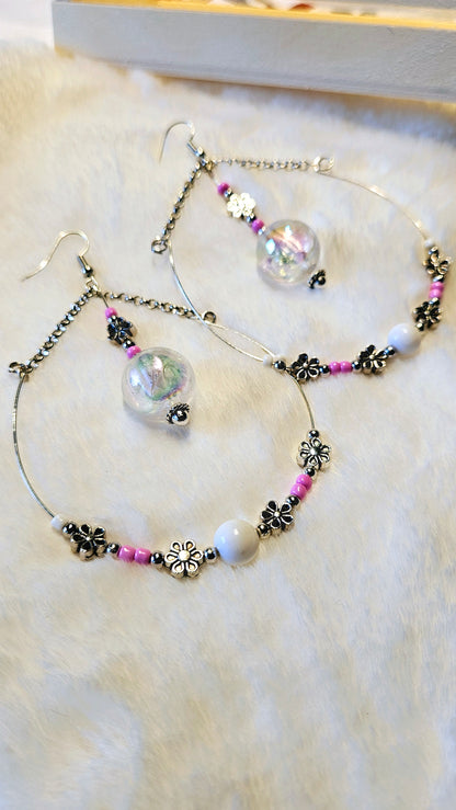 Large Iridescent Gumdrop Pink Beaded Teardrop Hoop Earrings