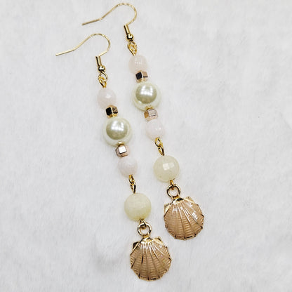 Long Beige Enamel Clamshell Earrings with Pearl and Quartz