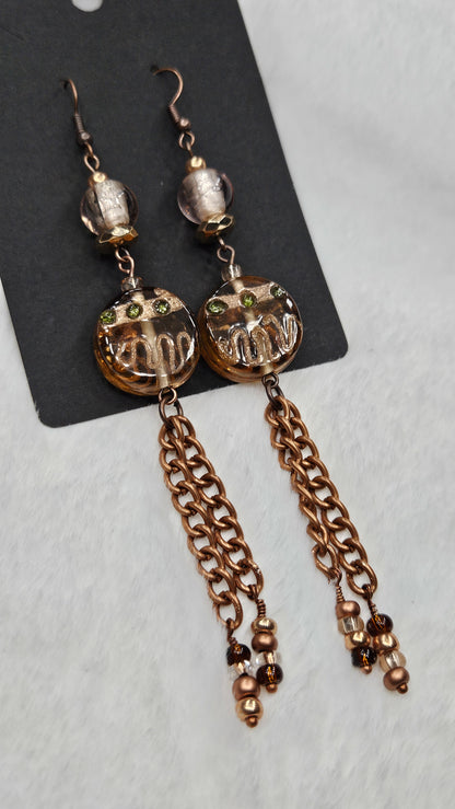 Long Antique Copper Chain Dangle Earrings with Decorated Glass