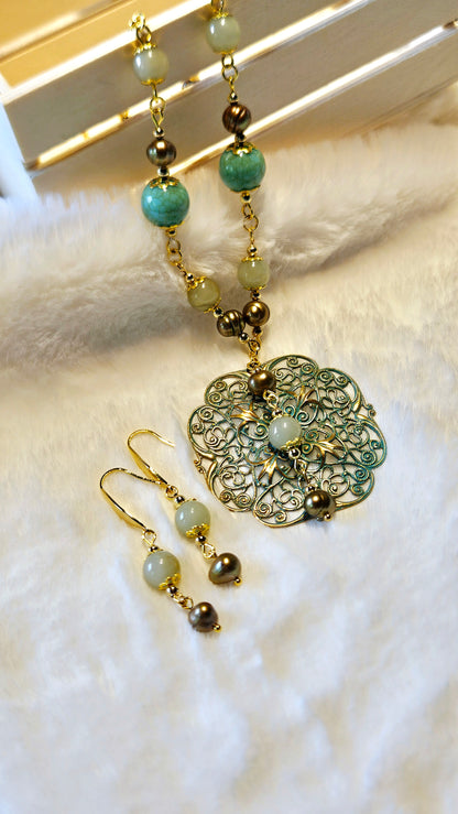 Fanciful Freshwater Pearls Set - Large Ornate Pure Brass Pendant Necklace with Pearls & Matching Earrings