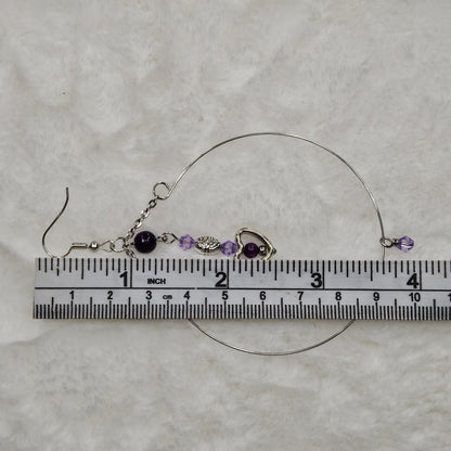 Large Silver Hoop Earrings with Tiny Purple Accents and Heart Dangles