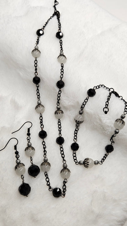 Modern Vintage Black Chain Necklace, Earrings and Bracelet with White Jade and Black Crystals
