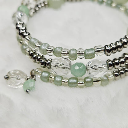 Silver and Pale Green Wrap Bracelet with Clear Crystal