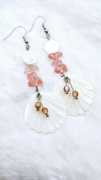 Coin Shell and Natural Salmon Pink Stone Earrings with Pearlescent Clam Shells and Tiny Glass Dangles - 3¼"