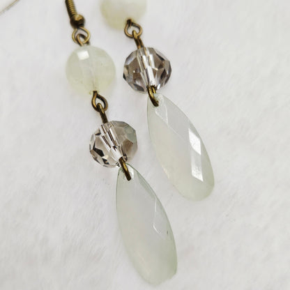 Antiqued Brass Ivory Natural Gem Cut Stone and Smokey Crystal Earrings with Gem Cut Teardrop Dangles