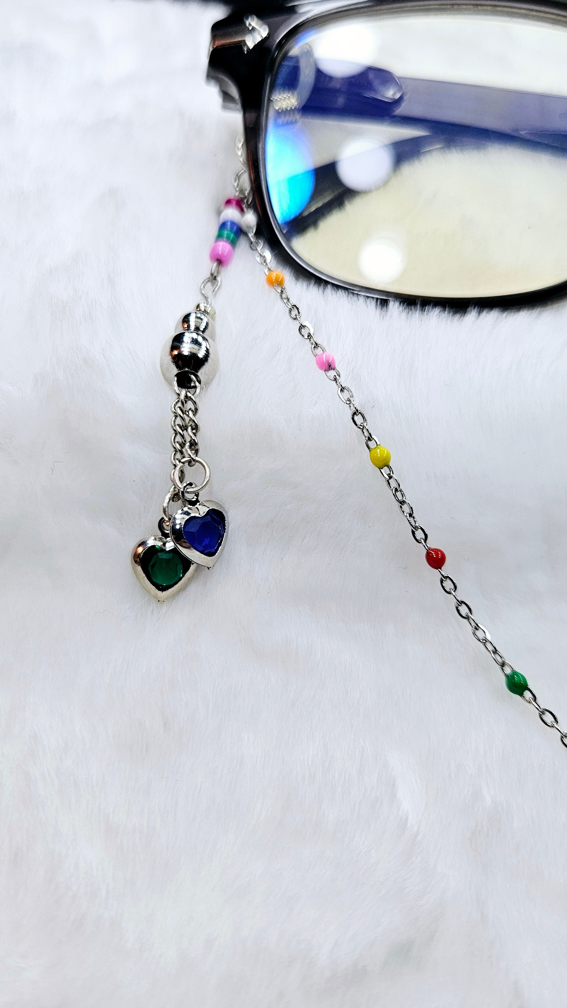 Blue & Green Hearts with Multicolor Silver Glasses Chain