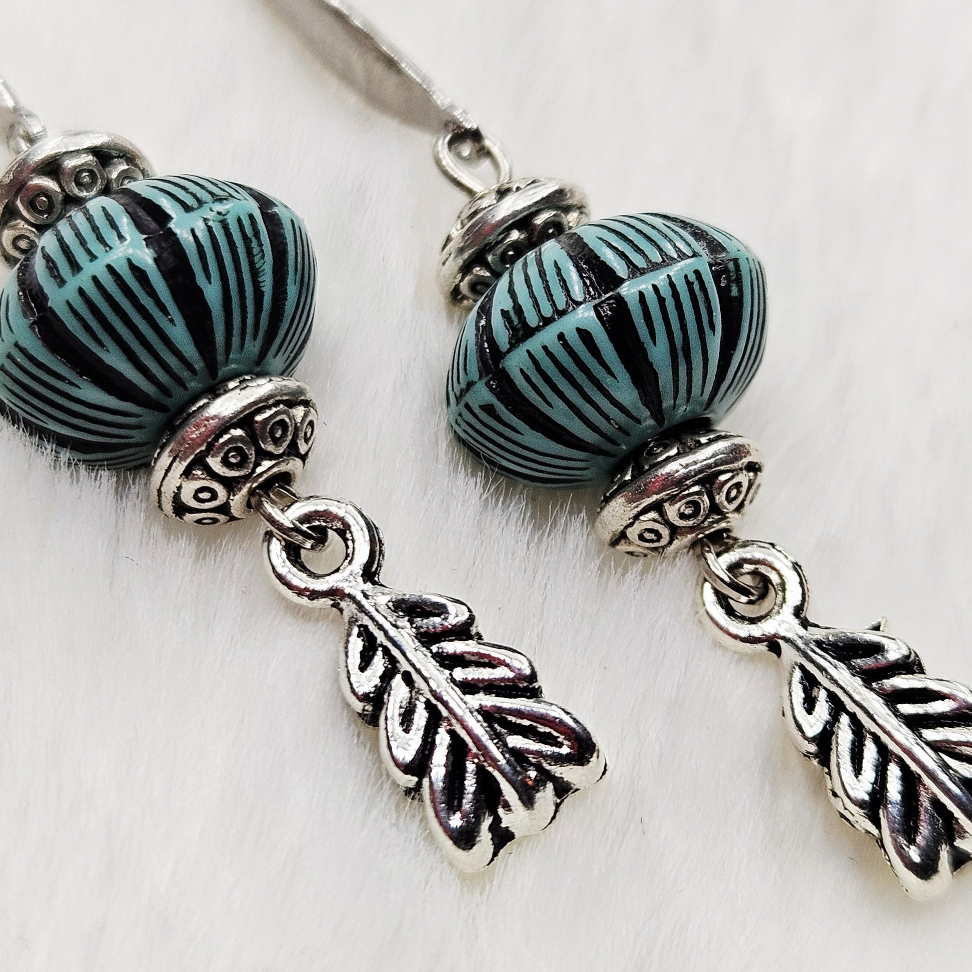 Western Style Vintage Turquoise Silver Dangle Earrings with Feather Charms