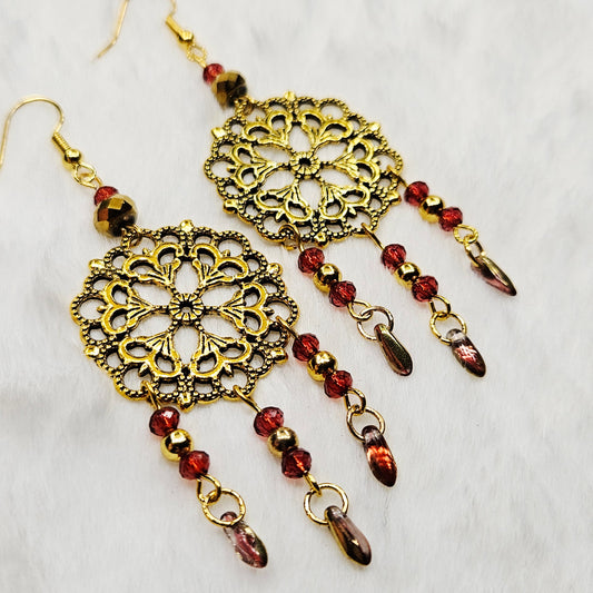 Round Antique Gold Tibetan Filigree Rhombus Chandelier Earrings with Red Dangles