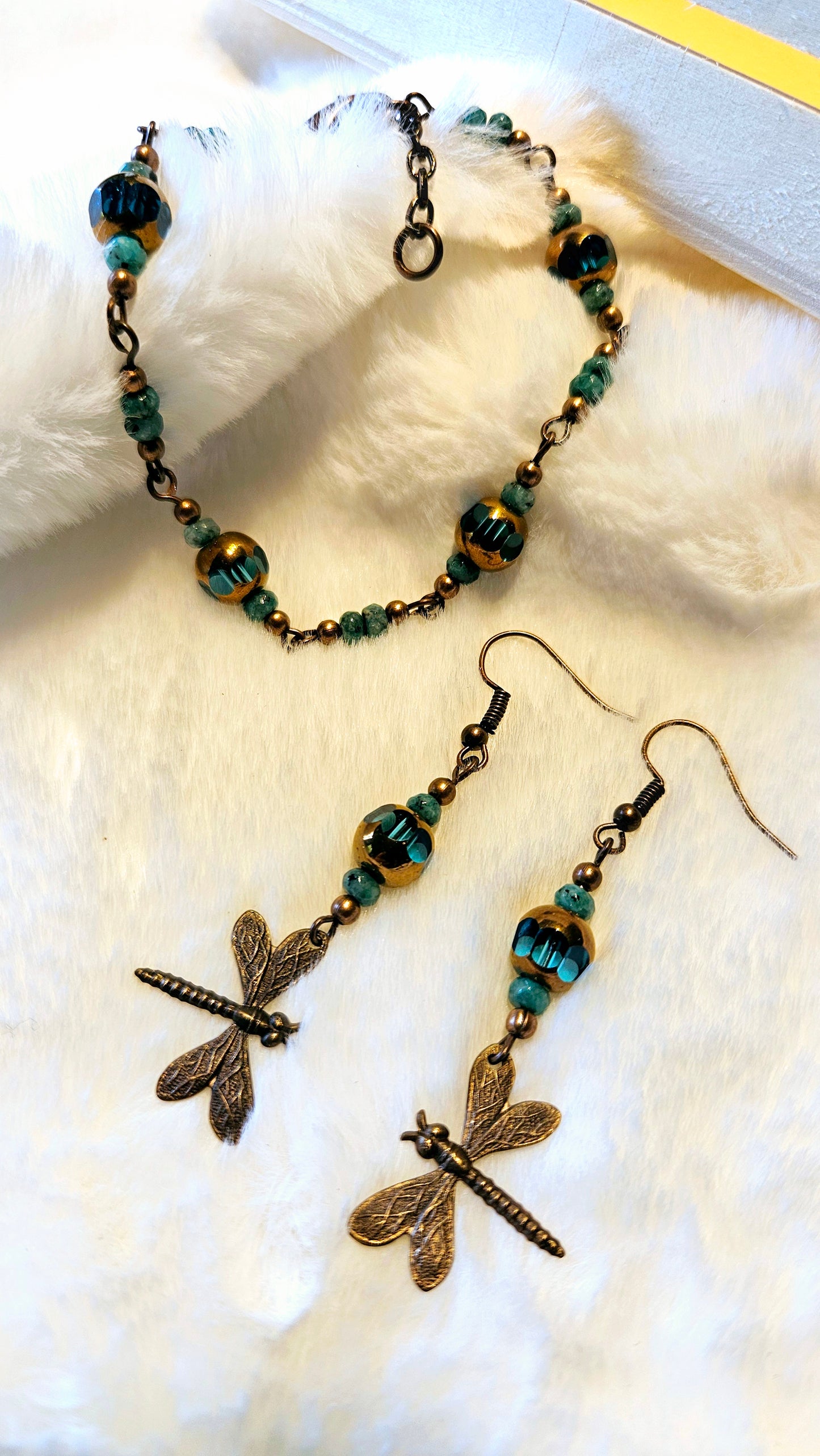 Brassy Blues Set - Pure Brass Dragonfly Charm Earrings & Blue Glass Bracelet