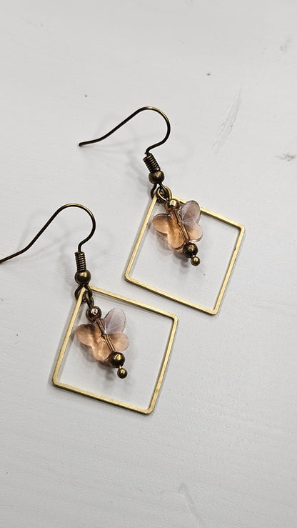 Peach Crystal Butterfly Earrings in Golden Diamond Hoop Dangles on Brass Earwire - 1¾"