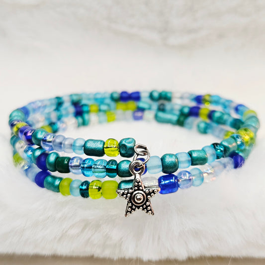Star Forest Blue and Green Seed Bead Wrap Bracelet with Star Charm