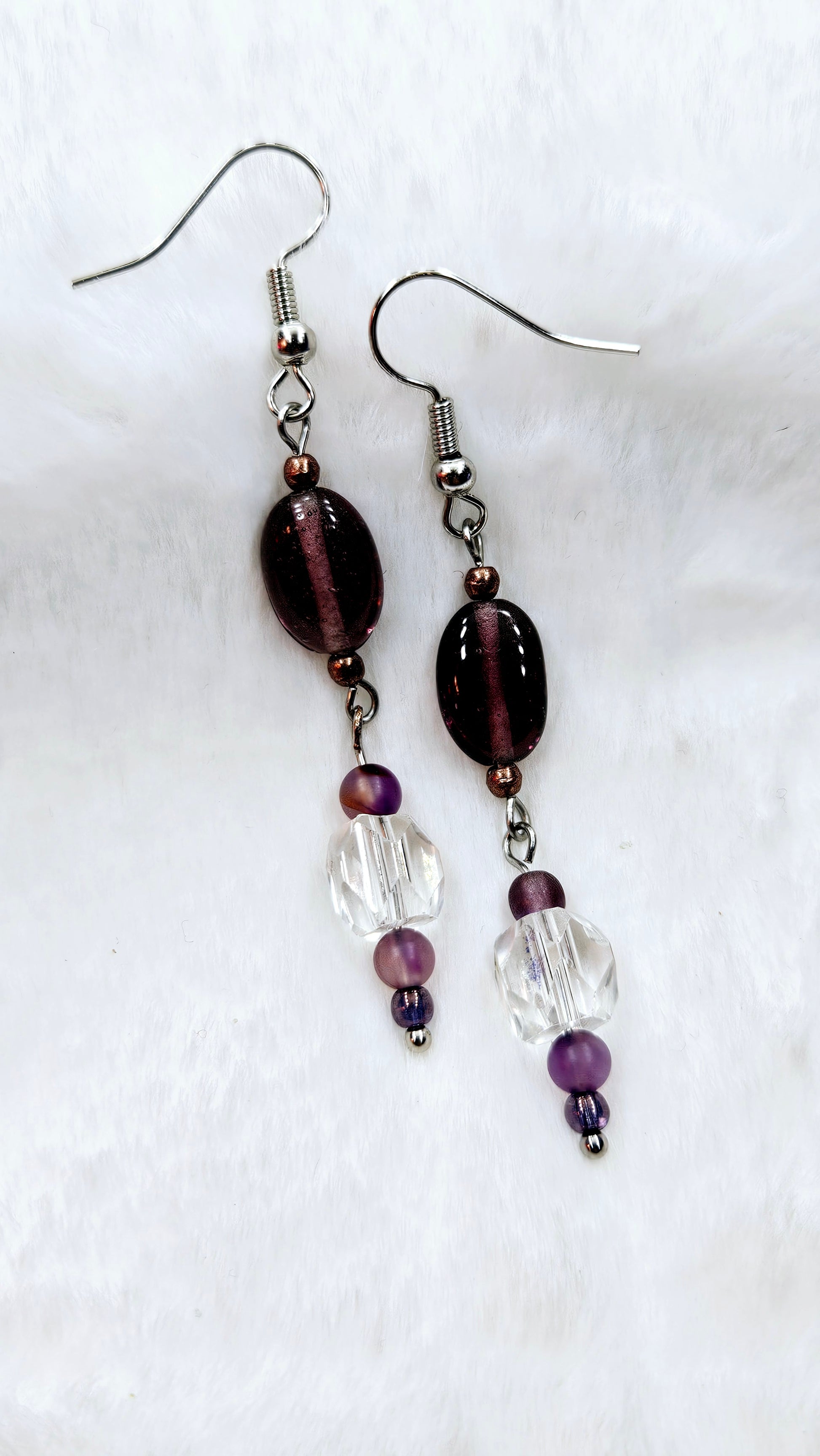 Deep Purple Oval Glass with Crystal on Silver Dangle Earrings 