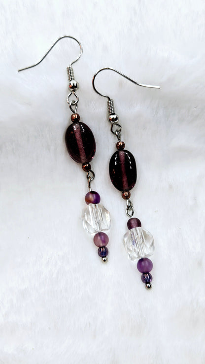 Deep Purple Oval Glass with Crystal on Silver Dangle Earrings 