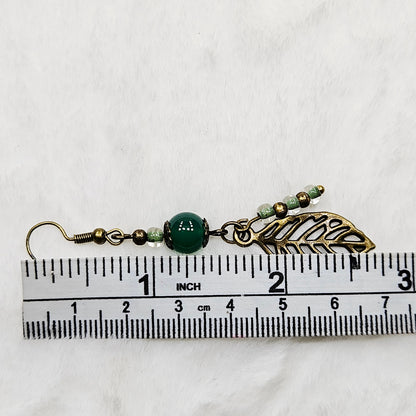 Rustic Antiqued Brass Leaf Earrings with Green Glass