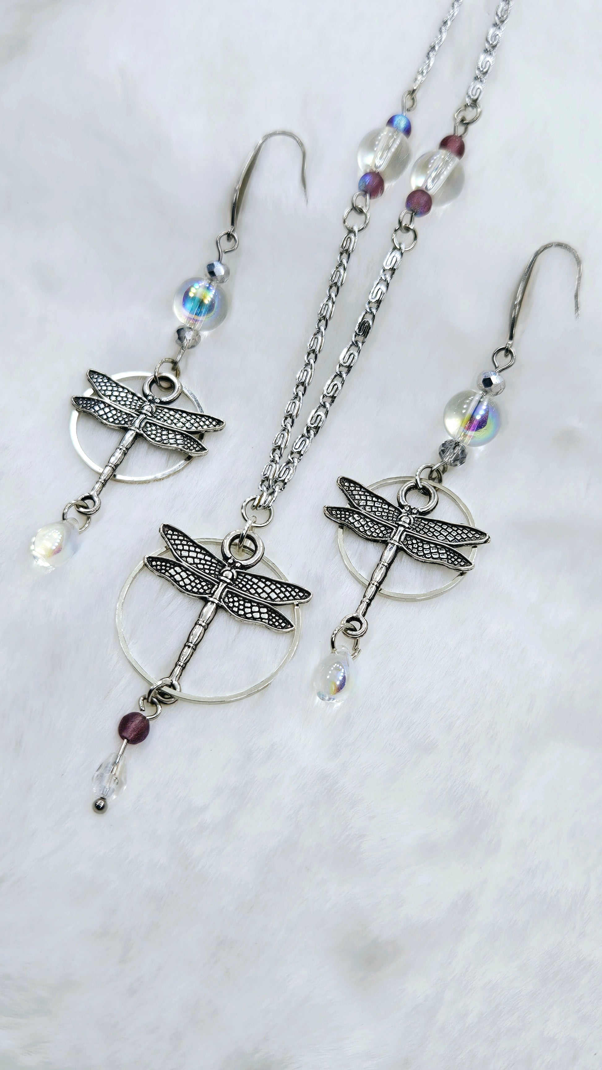 Dreamy Dragonflies Set: Silver Dragonfly Pendant Necklace with Matching Earrings