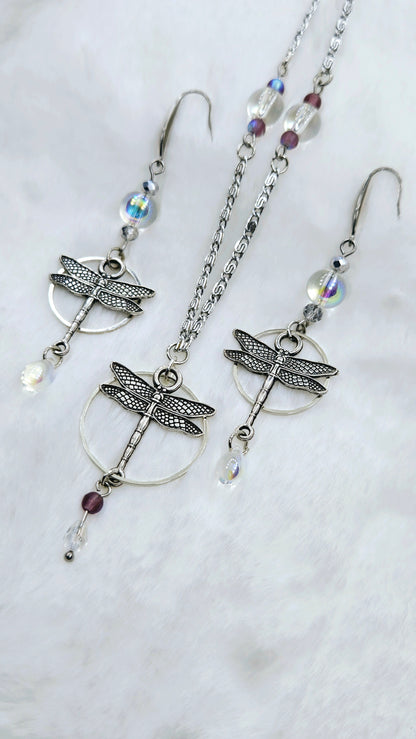 Dreamy Dragonflies Set: Silver Dragonfly Pendant Necklace with Matching Earrings