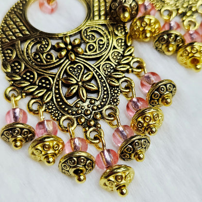 Bali Style Brassy-Gold Chandelier Earrings in Pink glass