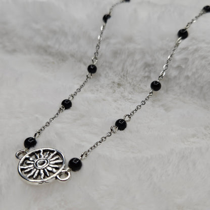 Black Hole Sun Beaded Silver Chain Necklace with Polished Black Glass - 16"