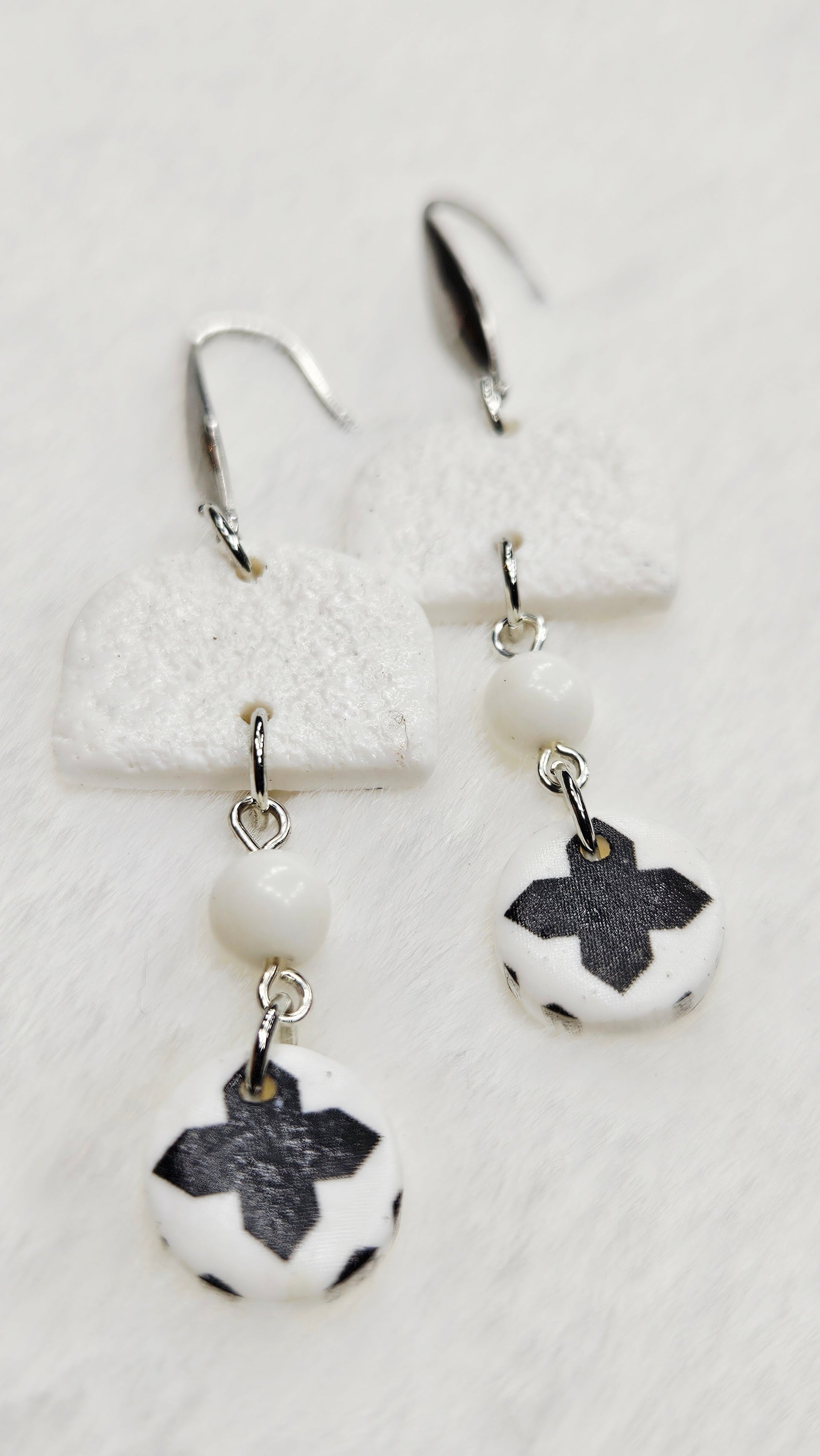 Monochrome Clay Cross Print Button Dangle Earrings with Black or White Arches