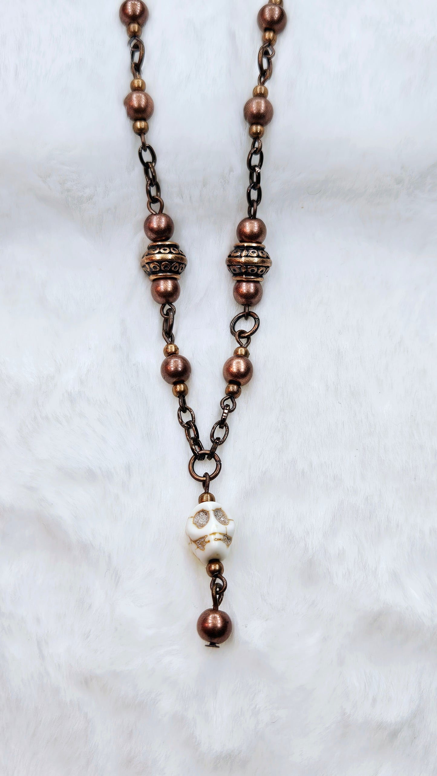 Skulls & Black Copper Set: Howlite Skull Pendant Necklace on Black Copper with Matching Earrings