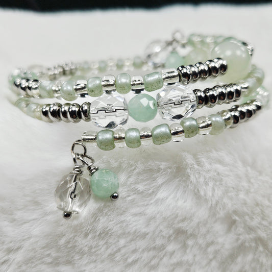 Silver and Pale Green Wrap Bracelet with Clear Crystal