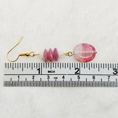 Dark Pink & White Swirl Rondelles with Flat Oval Glass Dangle Earrings in Gold - 2½"