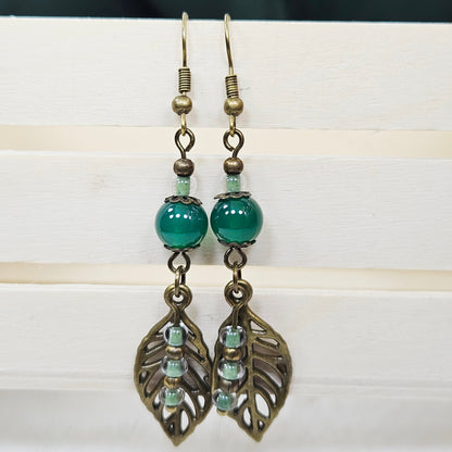 Rustic Antiqued Brass Leaf Earrings with Green Glass