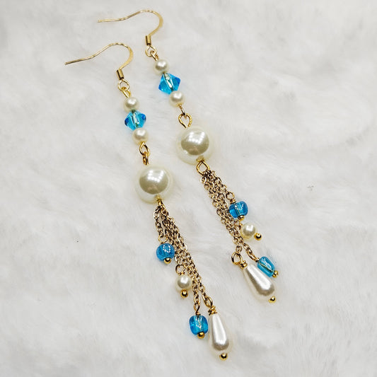 Long Light Blue and Pearl Gold Chain Dangles