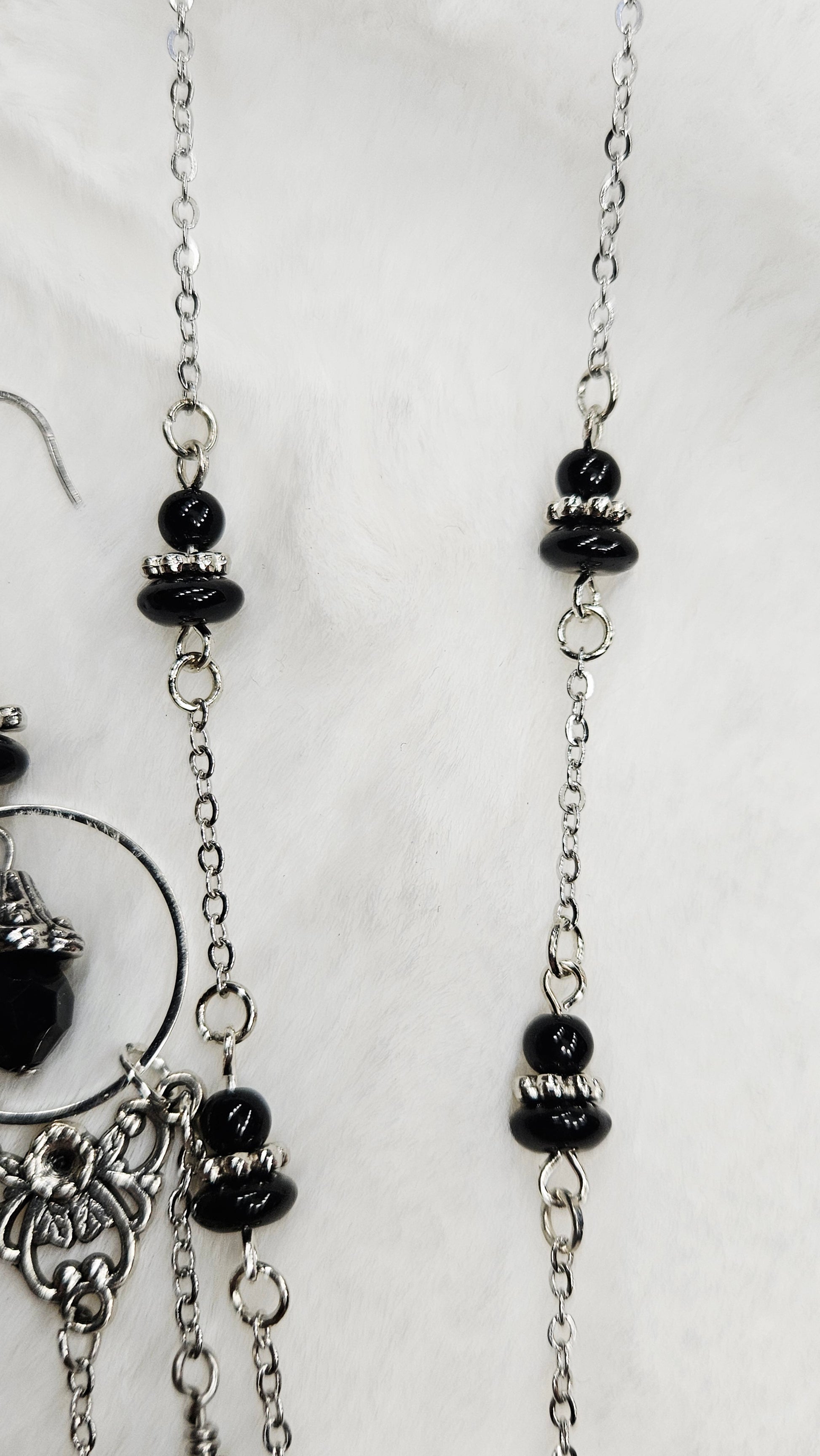 Vintage Filigree Set - Black Crystal Dragonfly and Silver Filigree Pendant Necklace with Earrings