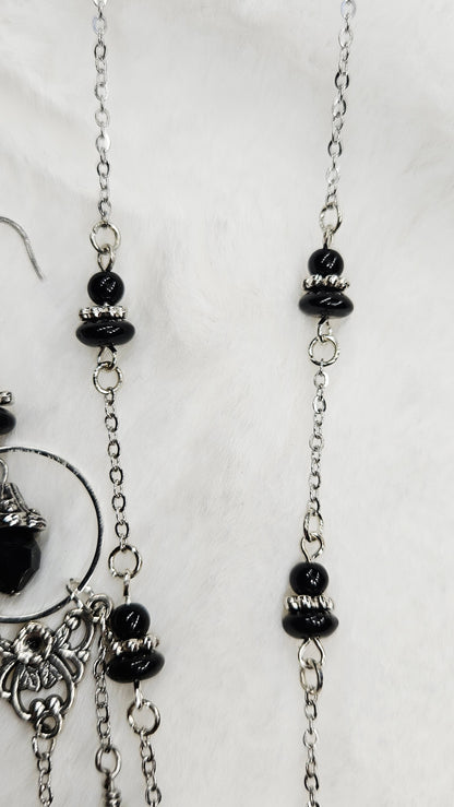 Vintage Filigree Set - Black Crystal Dragonfly and Silver Filigree Pendant Necklace with Earrings