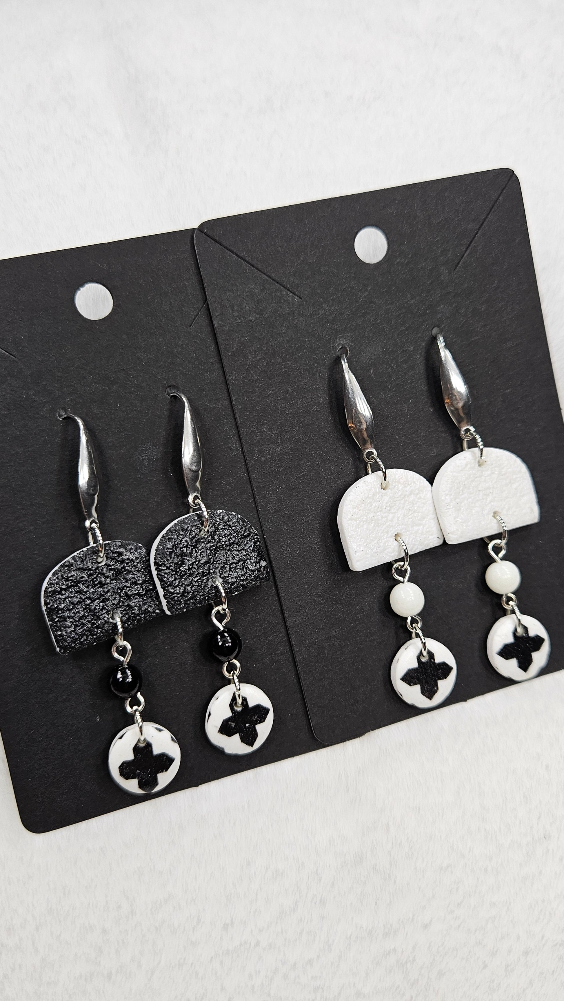 Monochrome Clay Cross Print Button Dangle Earrings with Black or White Arches