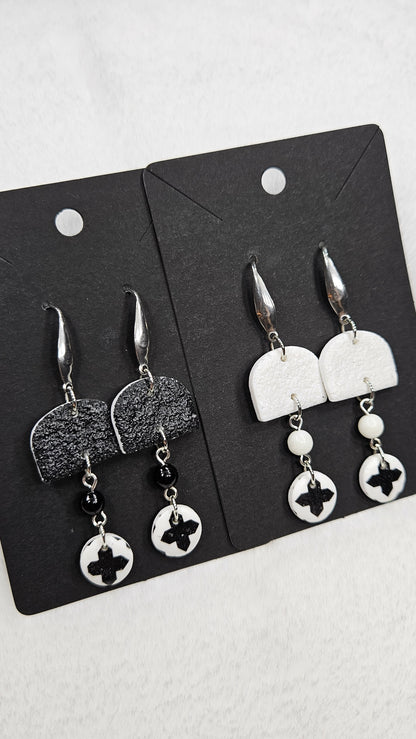 Monochrome Clay Cross Print Button Dangle Earrings with Black or White Arches