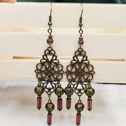 Diamond Antique Brass Tibetan Filigree Rhombus Chandelier Earrings with Smokey Purple Dangles
