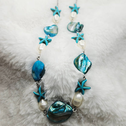 Turquoise Starfish Mother of Pearl Shells and Freshwater Pearl Necklace
