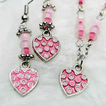 Dainty Pink Polkadot Heart Pendant Necklace and Earrings with Various Pink Glass Seed Beads