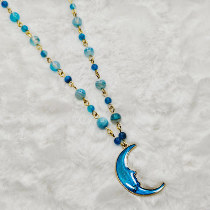 Blue Moon Pendant Necklace with Blue Agate Beaded Chain in Gold