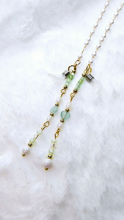 Green Hearts and Pearl on Gold Glasses Chain