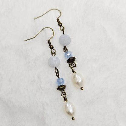 Antiqued Brass Baby Blue Natural Gem Cut Stone and Crystal Earrings with Freshwater Pearl Dangles