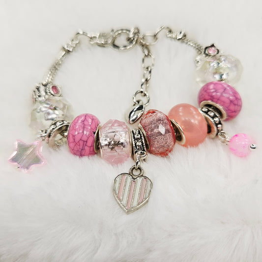 Customized Pink Striped Heart and Star Charm Bracelet