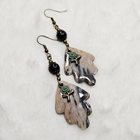 Black and Brown Gold Flake Marble Polymer Clay Earrings with Rose Charm