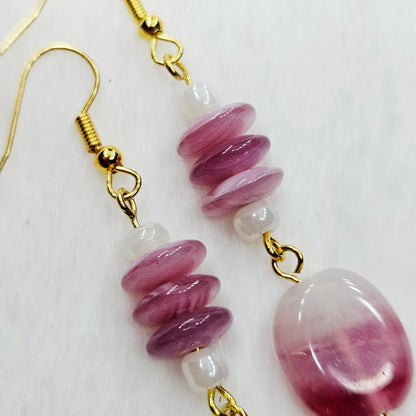 Dark Pink & White Swirl Rondelles with Flat Oval Glass Dangle Earrings in Gold - 2½"