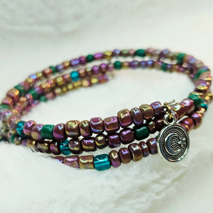 Cosmic Rainbow Seed Bead Wrap Bracelet with Moon and Star Charm