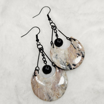 Black and Brown Gold Flake Marble Crescent Polymer Clay Earrings with Black Chain