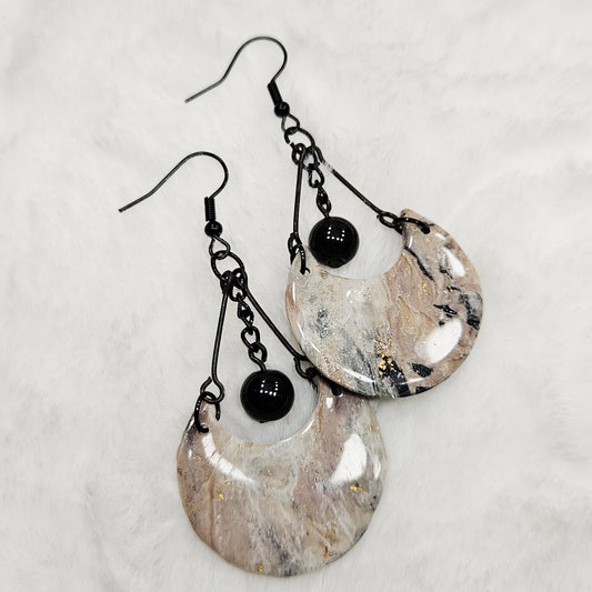 Black and Brown Gold Flake Marble Crescent Polymer Clay Earrings with Black Chain