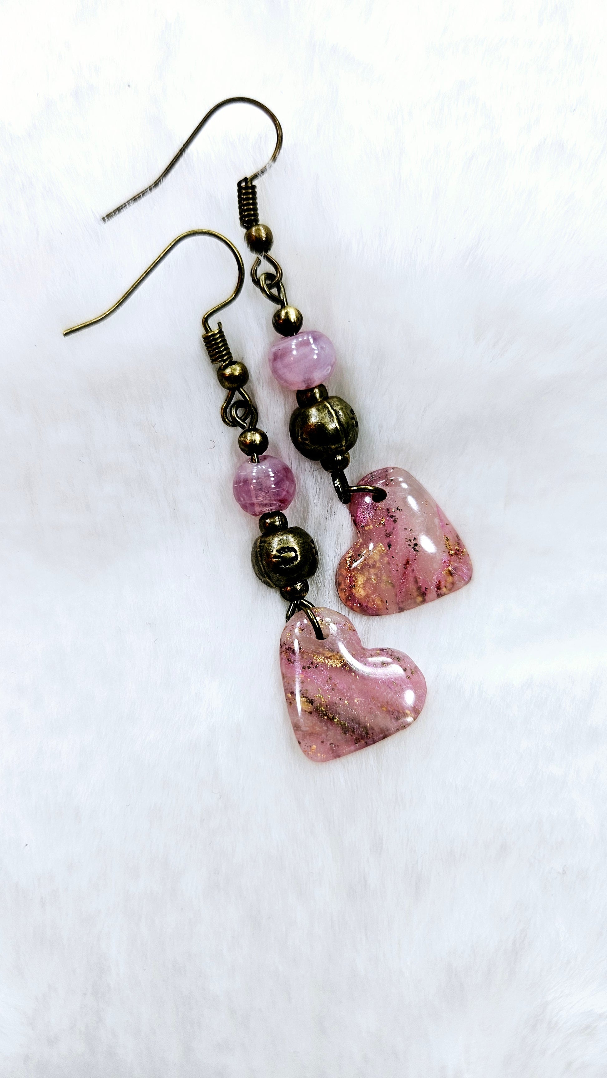 Pink Passion Marbled Clay Hearts with Gold Fleck on Brass Dangle Earrings