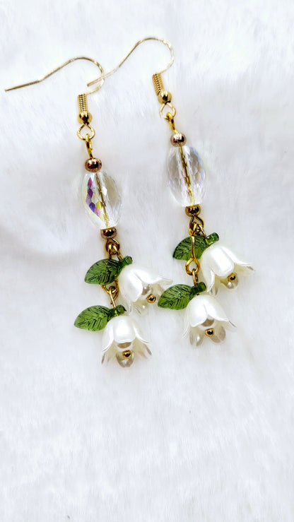 Beloved White Bellflowers with Iridescent Crystal Dangle Earrings
