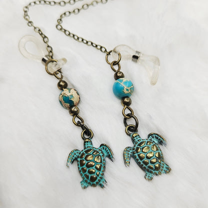 Aged Brass Sea Turtles and Turquoise Eyeglass Chain