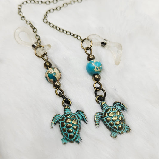 Aged Brass Sea Turtles and Turquoise Eyeglass Chain
