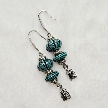 Western Style Vintage Turquoise and Silver Dangle Earrings with Feather Charms