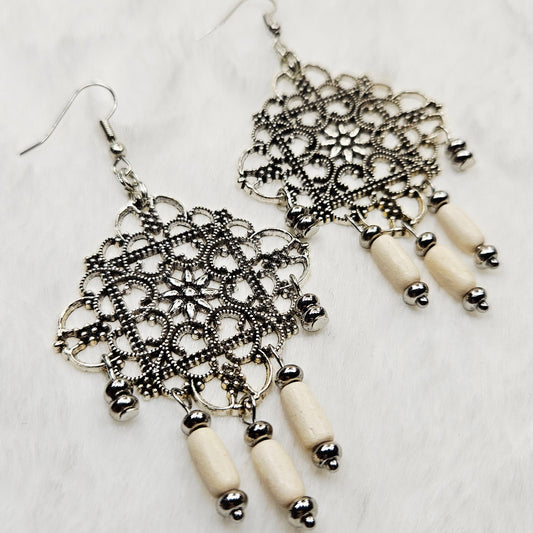 Square Antique Silver Tibetan Filigree Rhombus Chandelier Earrings with White Dangles